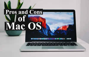 銀色手提電腦，macOS 山脈桌布，關於優點和缺點的文字疊加，旁邊有綠色植物。