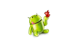 綠色Android吉祥物高興地拿著紅蘋果。 — 安卓 壁紙