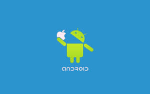 綠色Android機械人手持Apple標誌，藍色背景，Android文字 — 安卓 壁紙