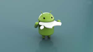綠色Android吉祥物喺青綠色背景上拎住白色智能手機。