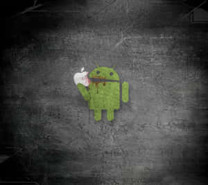 綠色Android吉祥物在深色混凝土牆前拿著一個血淋淋的Apple標誌。
