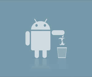 Android機械人將Apple標誌丟進垃圾桶，背景為藍色