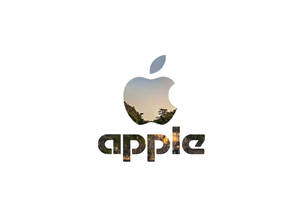 Apple 標誌，咬痕和字母內有日落森林。