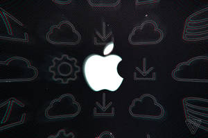 發光的Apple標誌搭配數位圖標在深色背景上