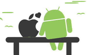 Apple標誌同Android吉祥物一齊坐喺長凳上，中間有心形。 — 蘋果 壁紙