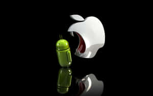 綠色Android機械人面對張開嘴巴的Apple標誌，位於黑色反光表面上。