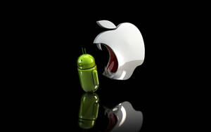 綠色Android機械人面向正在打呵欠的Apple標誌，位於黑色反光表面。