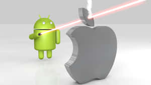 綠色Android角色向銀色Apple標誌射擊激光。