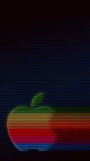 復古Apple標誌，帶有彩虹條紋和掃描線，深色背景