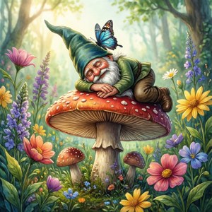 一個睡著的小矮人躺在一個巨大的蘑菇上，周圍環繞著五顏六色的野花和蝴蝶。