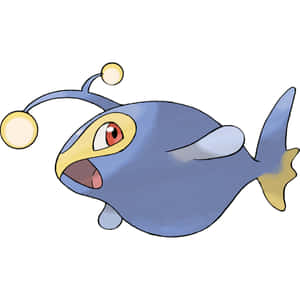 藍色卡通魚，觸角上有發光球體和黃色魚鰭 — 可愛寵物小精靈 壁紙