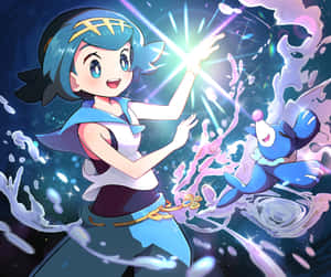 動漫女孩和藍色寶可夢在太空中創造水魔法