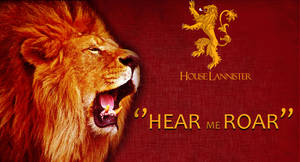 獅子咆哮，帶有蘭尼斯特家族徽章和格言 hear me roar，紅色背景 — 貓頭鷹之家 壁紙
