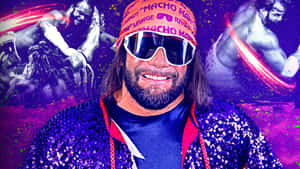 Randy Savage 身穿亮片外套和帽子，背後有摔角動作。 — 摔角 GIF 壁紙