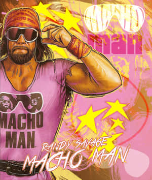 摔角手 Randy Savage 穿著 Macho Man 裝備，與星星和粗體文字一起擺姿勢。