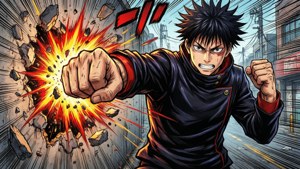 動漫角色在城市街道上以爆炸性衝擊擊穿牆壁。 — 咒術回戰 壁紙
