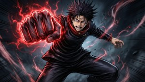 動漫角色身穿黑色服裝，在黑暗暴風雨背景下以動態戰鬥姿勢釋放紅色能量拳 — 咒術回戰 壁紙