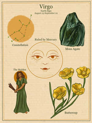 處女座占星指南，附星座、苔蘚瑪瑙、毛茛和少女插圖。
