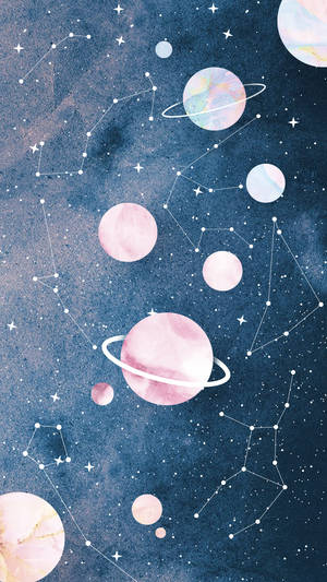 柔和色調的行星與星座漂浮在夢幻水彩星空之中。 — 月亮與星星動畫 壁紙