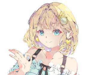 金髮藍眼的動畫女孩在淺藍色連衣裙中微笑。