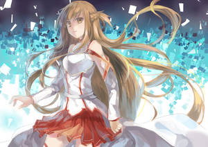動漫女孩，金色長髮，身穿白色和紅色服裝，被藍色像素包圍。