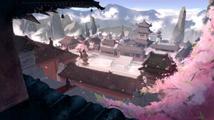 山中的傳統寺廟建築群，被粉紅櫻花環繞。 — 唐人街 GIF 壁紙