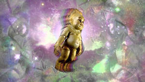 金色嬰兒娃娃漂浮在色彩繽紛的宇宙星雲中，伴有星星