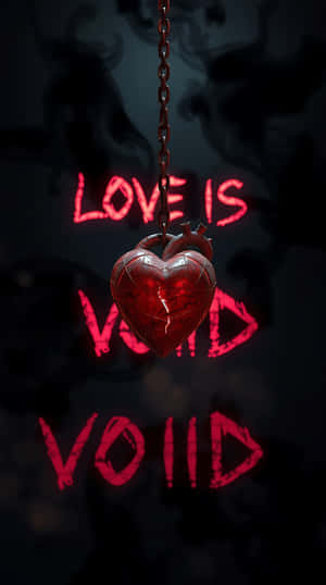 一個破裂的紅色心形由鏈條懸掛，帶有發光的紅色文字寫著 love is void void。