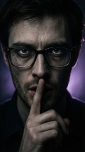 戴眼鏡的男子在昏暗的紫色光線中將手指放在唇邊。