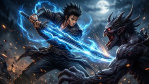 戰士在滿月下用發光的劍斬向惡魔生物。
