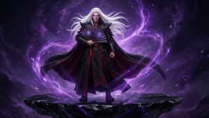 一位白髮巫師操控紫色能量，站在浮動的黑石上。