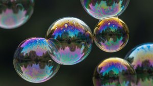 漂浮的肥皂泡以虹彩色反射樹木和天空。 — 4d 壁紙