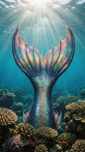 彩虹色美人魚尾巴被珊瑚礁環繞，陽光穿透水面。