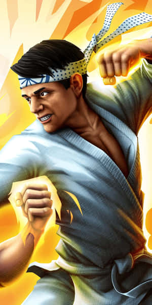 身穿藍色道服的動漫武術家，發出帶有發光能量效果的強力一拳。