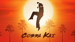 一名武術家以剪影姿態躍起，背景是日落、棕櫚樹和Cobra Kai文字。