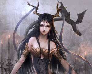 一位黑髮女惡魔，擁有龍翼和金色盔甲，站在一個由蠟燭照亮的哥德式房間裡。
