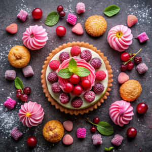 一個色彩繽紛的甜品撻，上面有漿果和薄荷，周圍有各種糕點和糖果，放在深色表面上。 — 超高清 GIF 壁紙