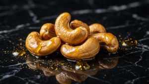 黑色大理石上的蜂蜜釉面腰果，帶有金色灑粉和反射。