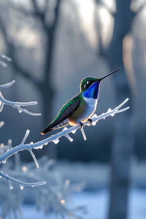 一隻色彩繽紛的蜂鳥棲息在雪地冬季森林中的冰凍樹枝上。 — 冬天 壁紙