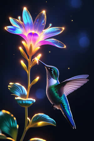 一隻蜂鳥在黑暗星空中靠近一朵發光的花朵盤旋。 — 夜晚 GIF 壁紙