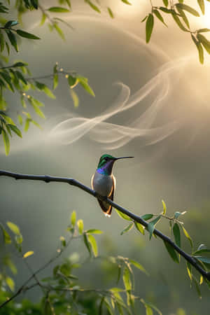一隻蜂鳥棲息在樹枝上，金色光芒和煙霧在它身後穿過綠色樹葉旋轉。 — 樹 壁紙