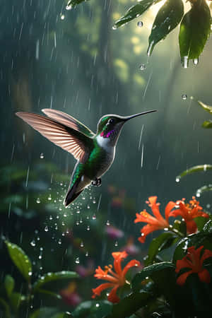 一隻蜂鳥在雨中盤旋，靠近橙色花朵和綠葉。 — 森林 壁紙