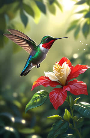 一隻蜂鳥在陽光明媚的叢林中靠近一朵紅白芙蓉花盤旋。 — 靚女gif 壁紙