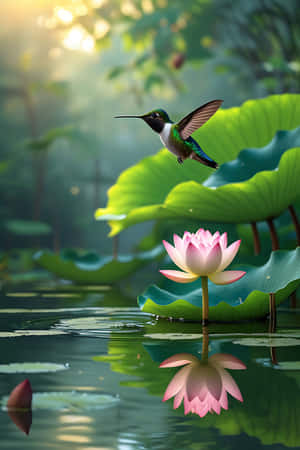 一隻蜂鳥在漂浮在平靜水面上的粉紅色蓮花附近盤旋，周圍有綠色睡蓮葉，陽光穿過樹木灑下。 — 樹 壁紙
