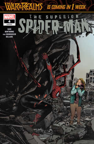 Superior Spider-Man衝破瓦礫，一名女子在廢墟城市中敬畏地觀看。 — 小米Pad 7 Ultra 壁紙