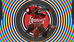 蜘蛛俠在半空中，背景是彩色螺旋和電影標題文字。 — Miles Morales 動漫 壁紙