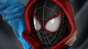 蜘蛛俠身穿紅色連帽服，發光眼睛，藍色布料飄動。 — Miles Morales 動漫 壁紙