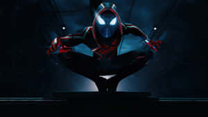 蜘蛛俠身穿紅黑戰衣，在黑暗的未來走廊中蹲伏。 — Miles Morales 動漫 壁紙