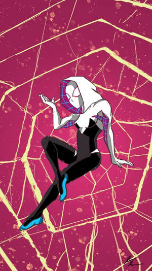 Spider-Gwen 身穿黑白配色套裝搭配藍色靴子，在蛛網圖案上擺姿。
