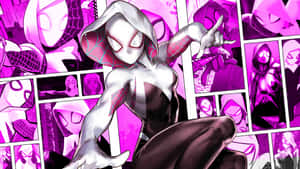 Spider-Gwen 身穿白色和粉紅色戰衣，在漫畫面板中英勇地擺姿勢。